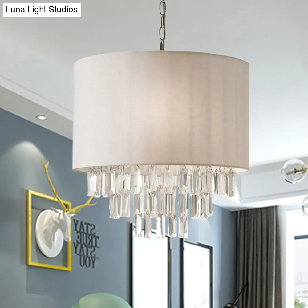 Modern Rectangular-Cut Crystal Drum Chandelier 3/4 Lights Beige Ceiling Lamp With Fabric Shade 4 /