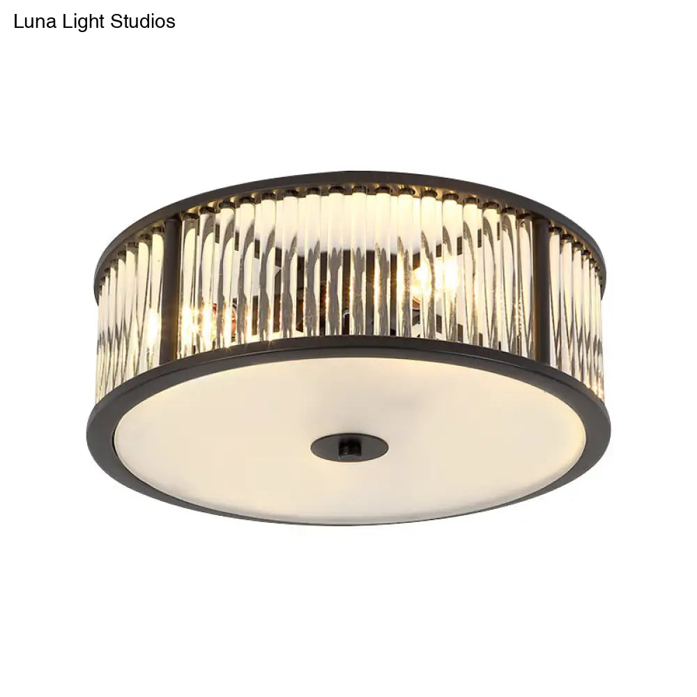 Modern Crystal Drum Flush Mount Lighting - Black/Gold With 3-4 Bulbs And Clear Shade 12/16 Wide