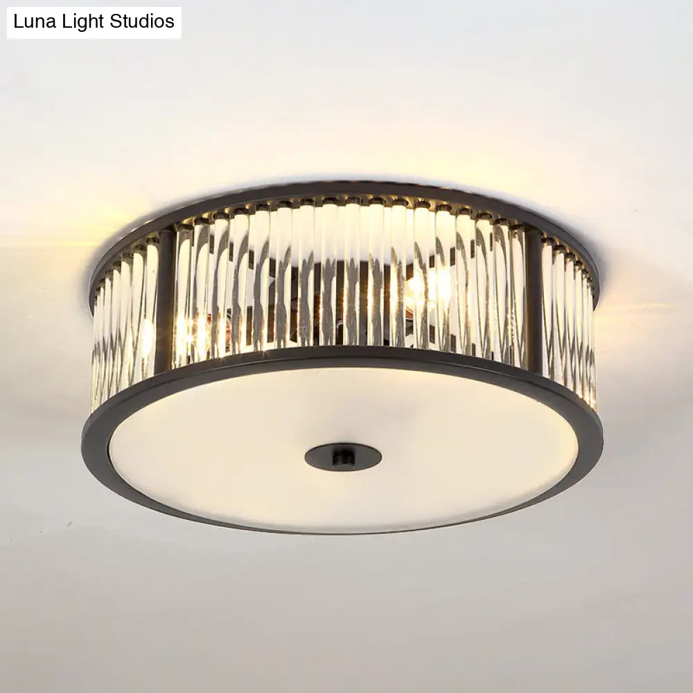 Modern Crystal Drum Flush Mount Lighting - Black/Gold With 3-4 Bulbs And Clear Shade 12/16 Wide