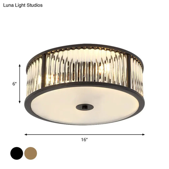 Modern Crystal Drum Flush Mount Lighting - Black/Gold With 3-4 Bulbs And Clear Shade 12/16 Wide