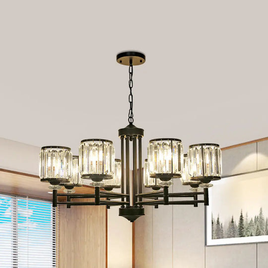 Modern Crystal Drum Shade 8-Head Metal Frame Pendant Light - Black/Gold Chandelier Lamp Black