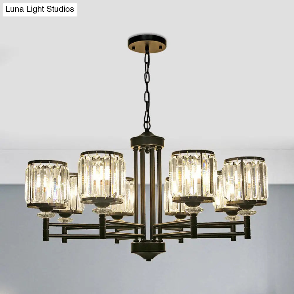 Modern Crystal Drum Shade 8-Head Metal Frame Pendant Light - Black/Gold Chandelier Lamp