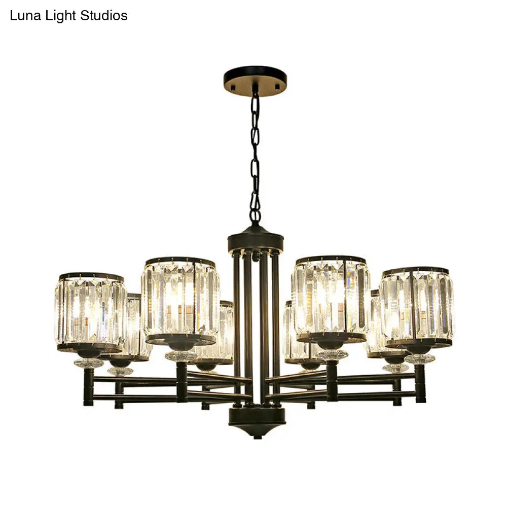 Modern Crystal Drum Shade 8-Head Metal Frame Pendant Light - Black/Gold Chandelier Lamp