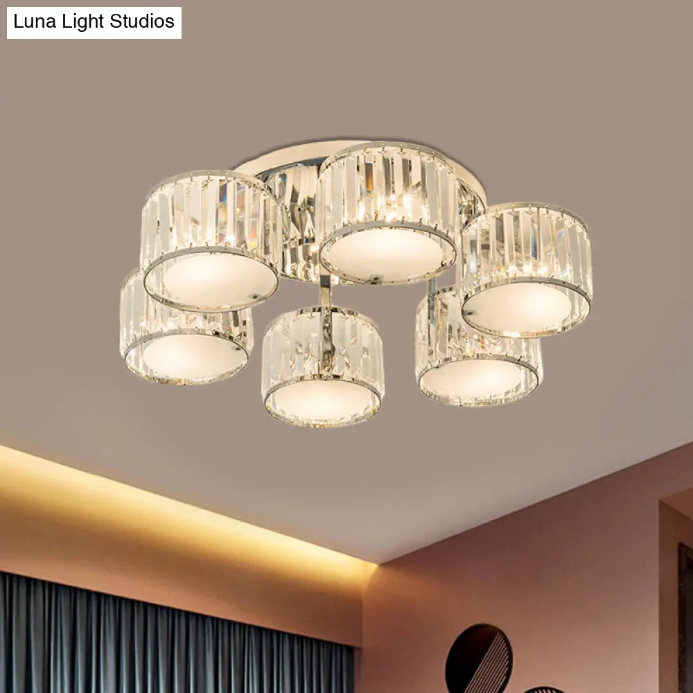 Modern Crystal Drum Shade Ceiling Mount Fixture - 5/6 Heads Clear Living Room Lamp
