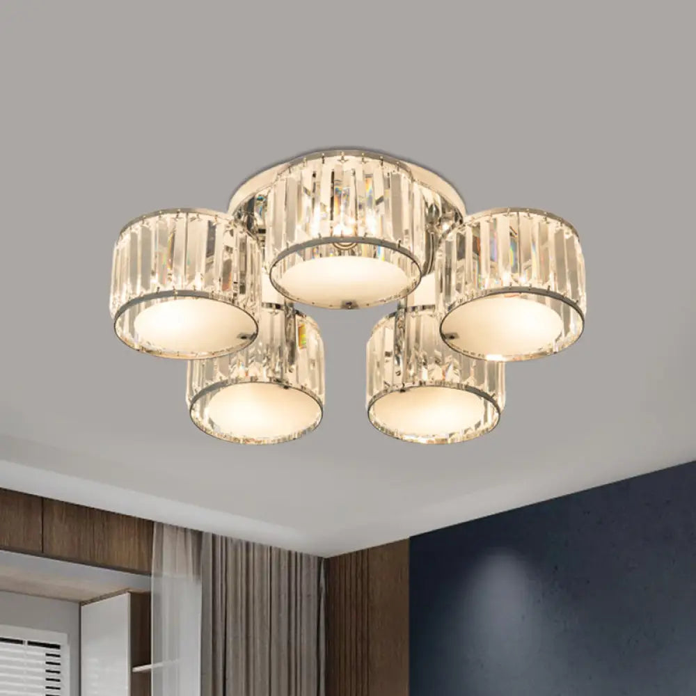 Modern Crystal Drum Shade Ceiling Mount Fixture - 5/6 Heads Clear Living Room Lamp 5 /
