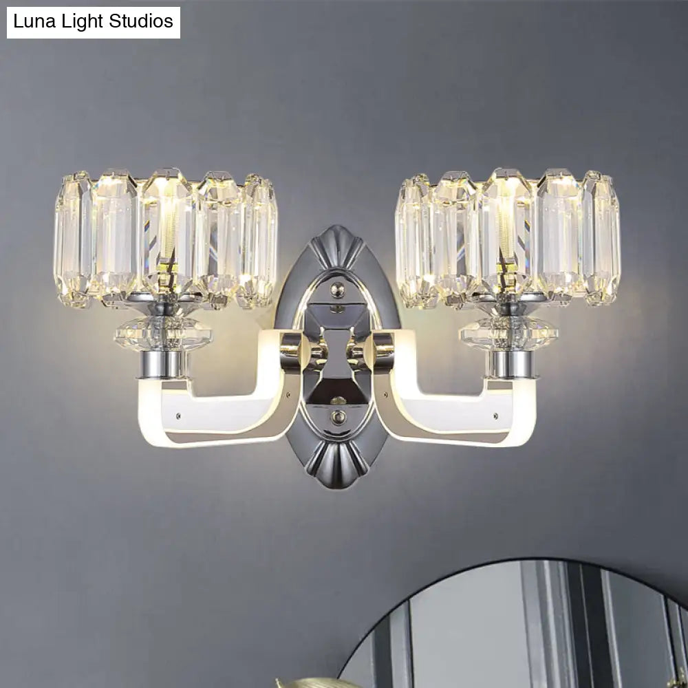 Modern Crystal Drum Wall Lamp With 2 Bulbs - Elegant Bedchamber Light Fixture