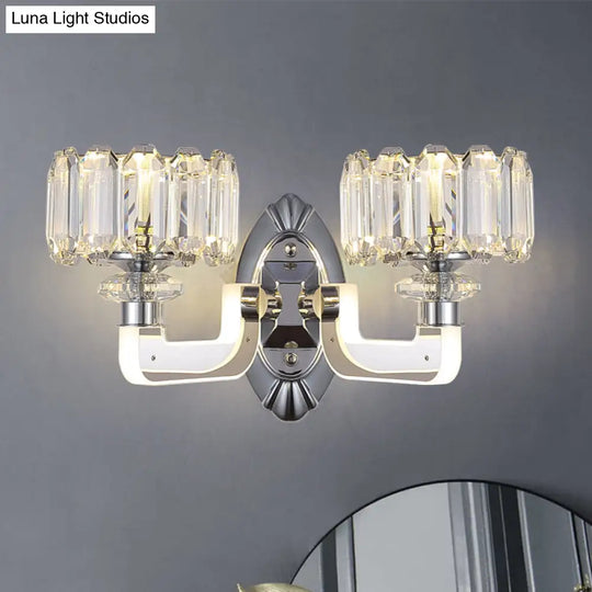 Modern Crystal Drum Wall Lamp With 2 Bulbs - Elegant Bedchamber Light Fixture