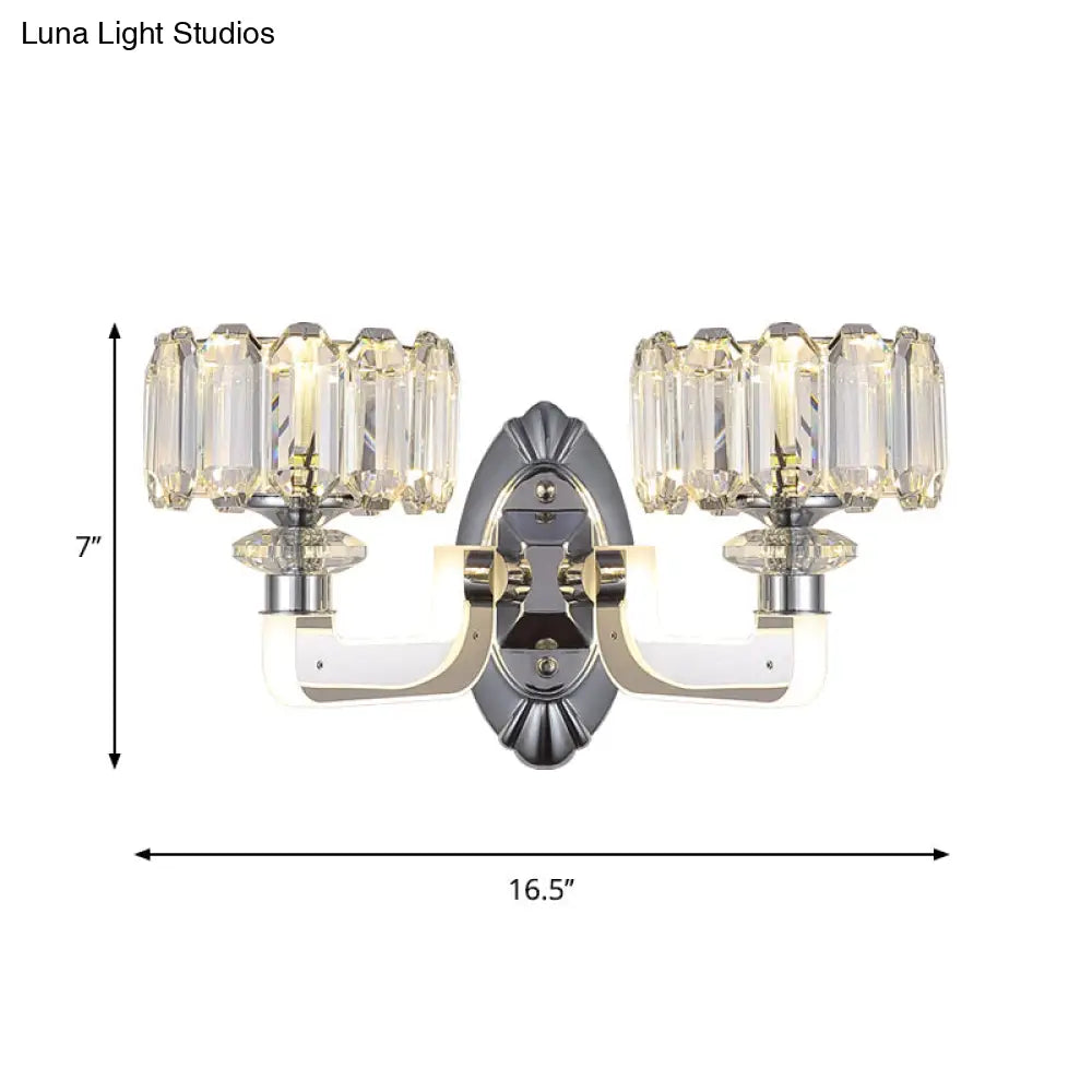 Modern Crystal Drum Wall Lamp With 2 Bulbs - Elegant Bedchamber Light Fixture