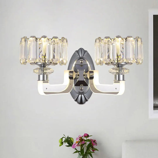 Modern Crystal Drum Wall Lamp With 2 Bulbs - Elegant Bedchamber Light Fixture Clear