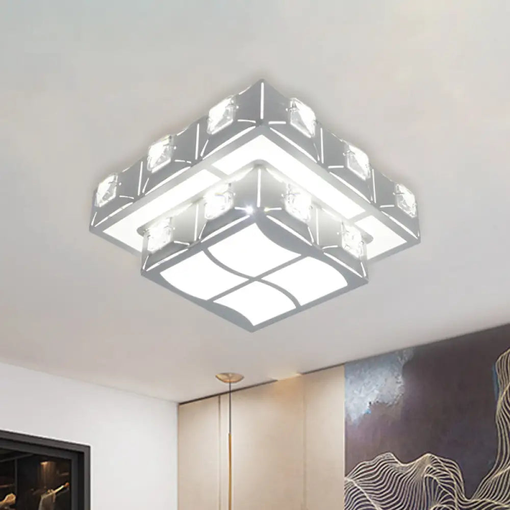 Modern Crystal Embedded 2 - Tier Square Ceiling Flush - Mount Light Fixture - White Led Corridor