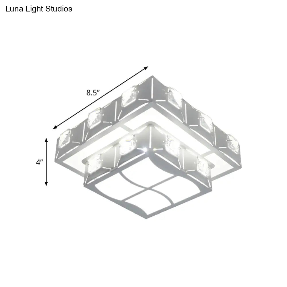 Modern Crystal Embedded 2 - Tier Square Ceiling Flush - Mount Light Fixture - White Led Corridor