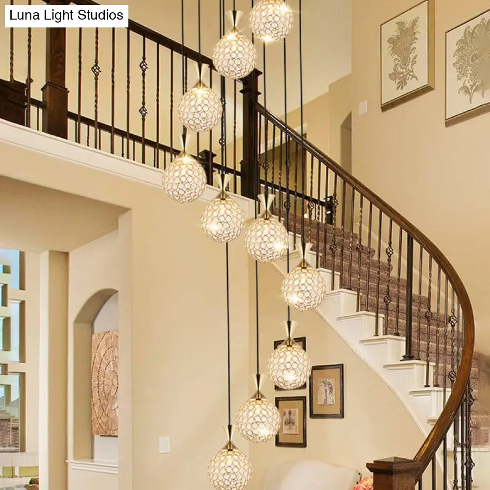 Modern Crystal Ball Pendant Light: Spiral Cluster Design 10-Light Hanging Fixture Gold / Round