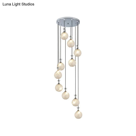 Modern Crystal Embedded Ball Spiral Pendant Light - 10-Light Cluster Hanging Fixture