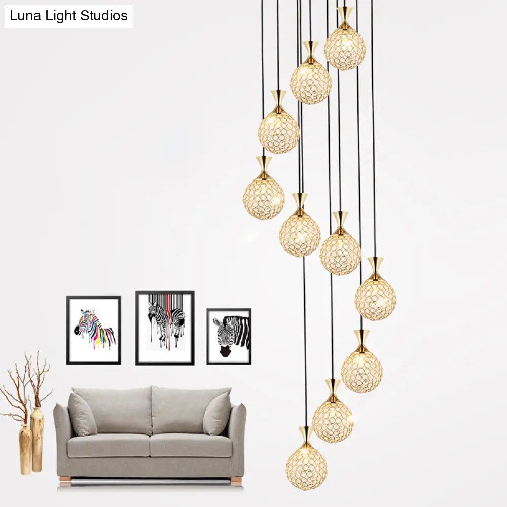 Modern Crystal Embedded Ball Spiral Pendant Light - 10-Light Cluster Hanging Fixture