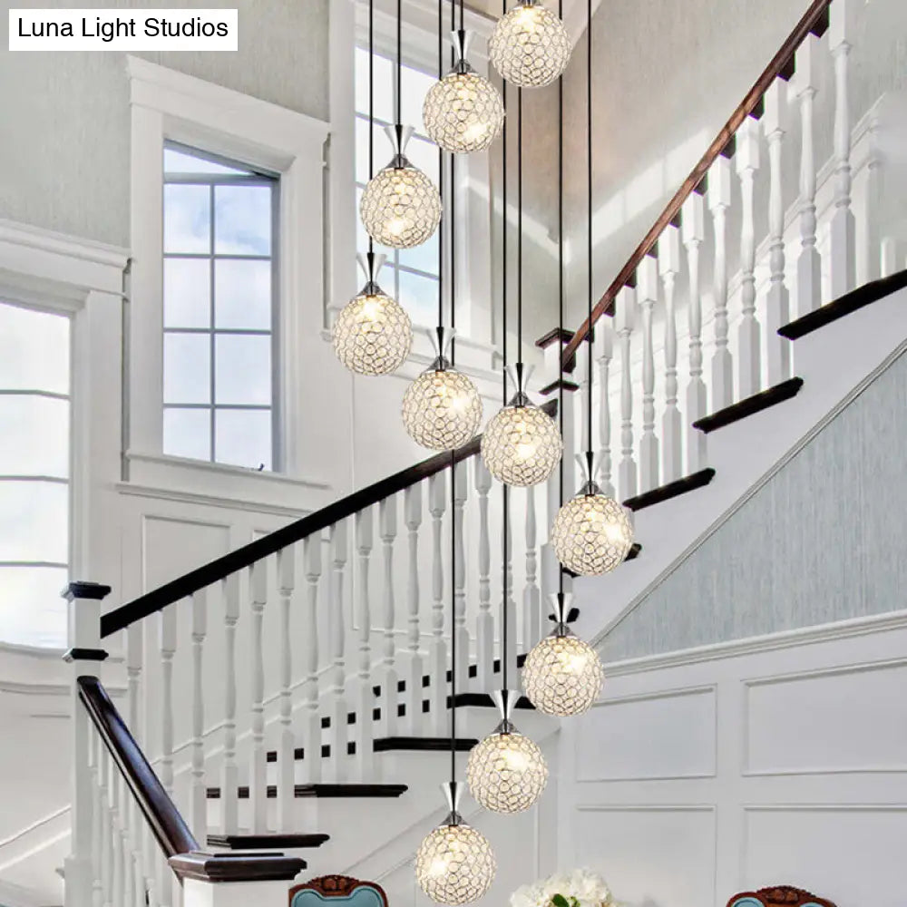 Modern Crystal Ball Pendant Light: Spiral Cluster Design 10-Light Hanging Fixture Silver / Round