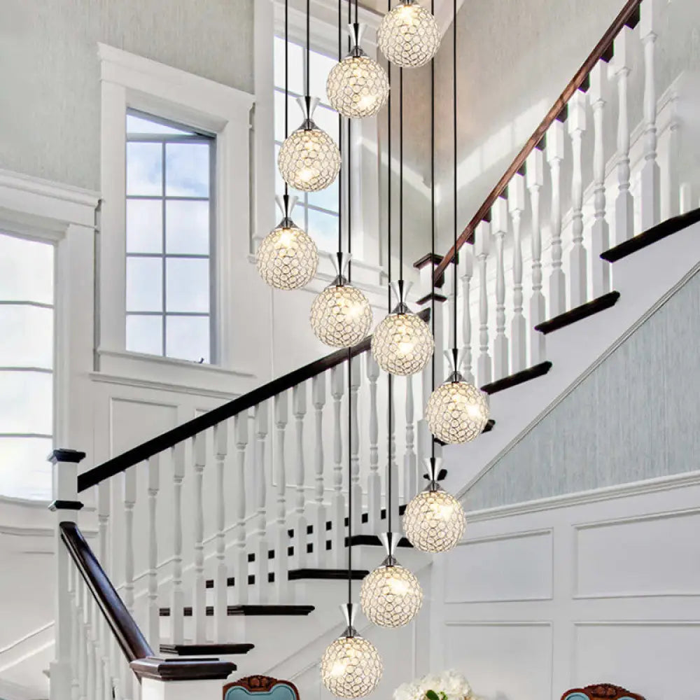 Modern Crystal Embedded Ball Spiral Pendant Light - 10-Light Cluster Hanging Fixture Silver / Round