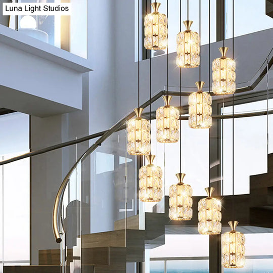 Modern Crystal-Encrusted Cylindrical Ceiling Lamp - 10 Bulbs Suspension Light Fixture For Staircase