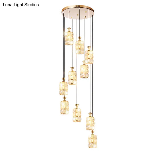 Modern Crystal-Encrusted Cylinder Ceiling Lamp - 10 Bulb Suspension Fixture For Staircase