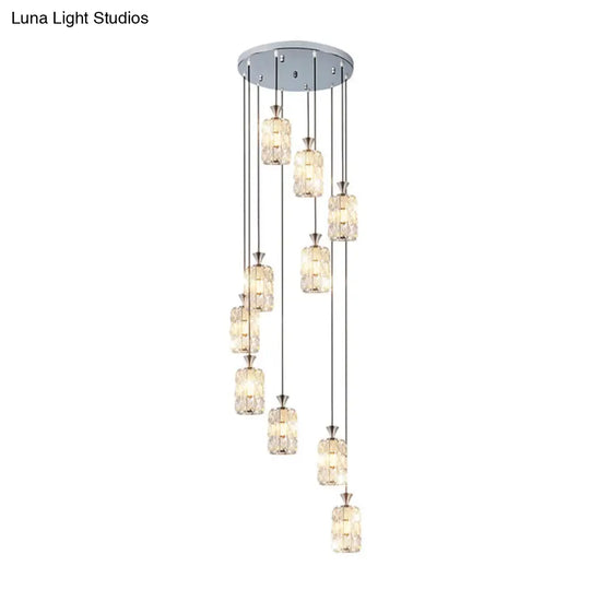 Modern Crystal-Encrusted Cylindrical Ceiling Lamp - 10 Bulbs Suspension Light Fixture For Staircase