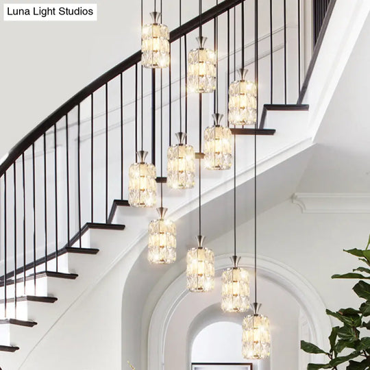 Modern Crystal-Encrusted Cylindrical Ceiling Lamp - 10 Bulbs Suspension Light Fixture For Staircase