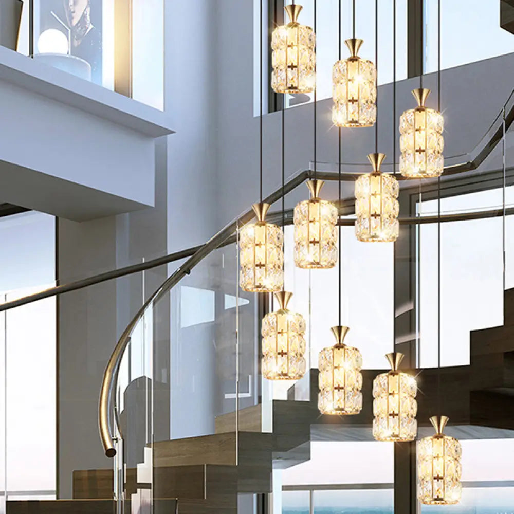 Modern Crystal-Encrusted Cylinder Ceiling Lamp - 10 Bulb Suspension Fixture For Staircase Gold