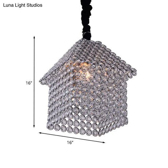 Modern Crystal Encrusted House Shaped Pendant Chandelier - Chrome Finish 3 Heads