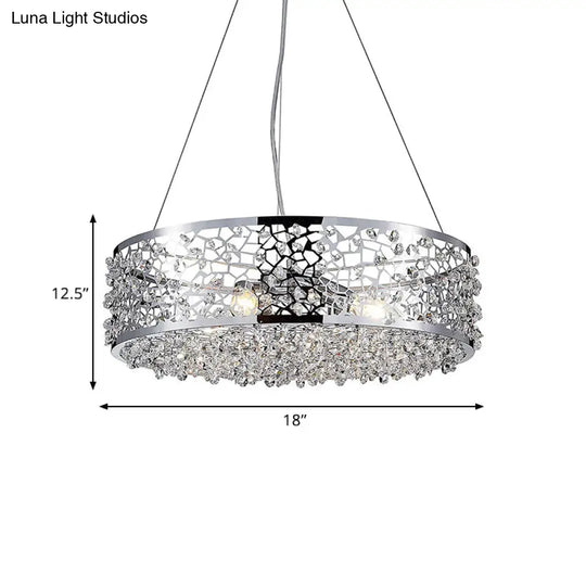 Modern Crystal Encrusted Pendant Chandelier With Drum Shade - 4 Lights Chrome Finish