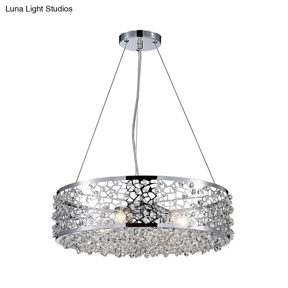 Modern Crystal Encrusted Pendant Chandelier With Drum Shade - 4 Lights Chrome Finish