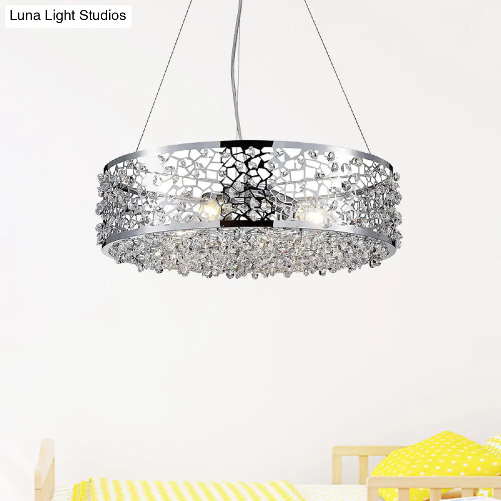 Modern Crystal Encrusted Pendant Chandelier With Drum Shade - 4 Lights Chrome Finish