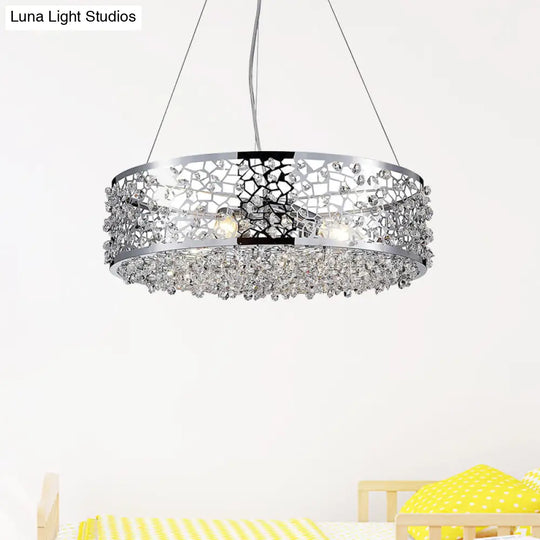 Modern Crystal Encrusted Pendant Chandelier With Drum Shade - 4 Lights Chrome Finish