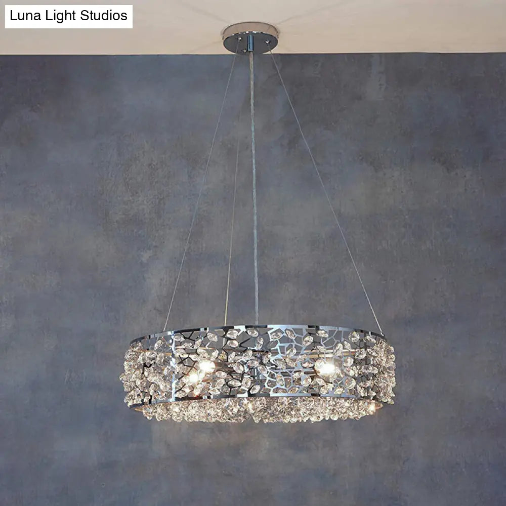 Chrome Drum Pendant Chandelier With Crystal Encrusted Modern Design - 4 Lights