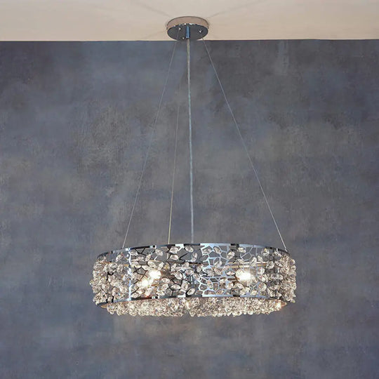 Modern Crystal Encrusted Pendant Chandelier With Drum Shade - 4 Lights Chrome Finish