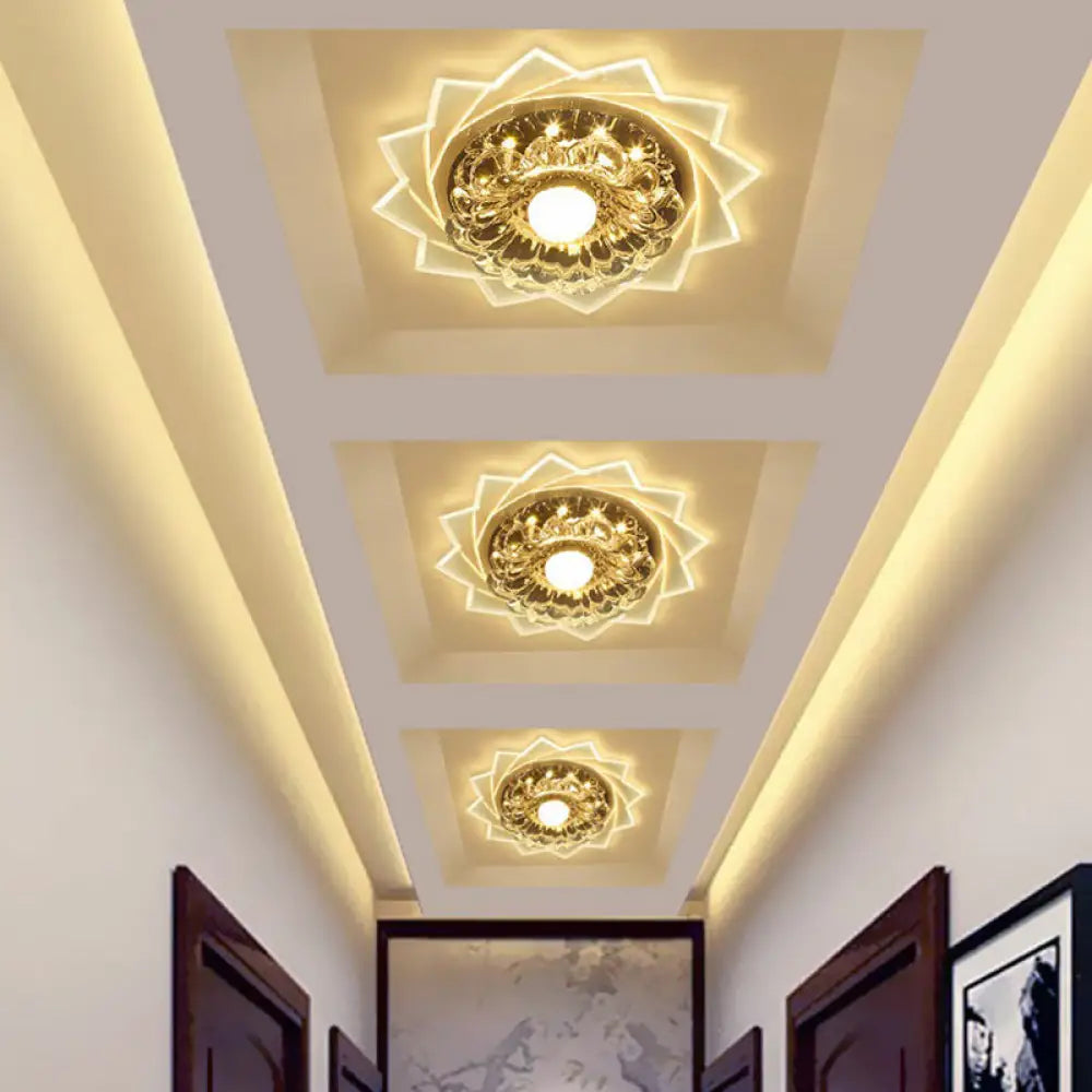 Modern Crystal Floral Flush Light: Clear Led Ceiling Fixture For Hallway / 3W Fourth Gear