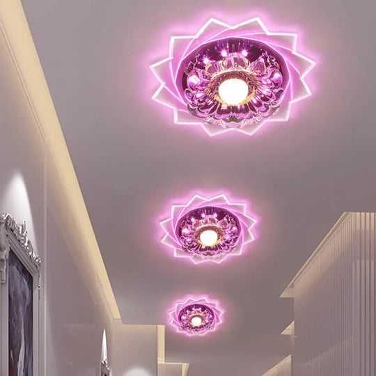 Modern Crystal Floral Flush Light: Clear Led Ceiling Fixture For Hallway / 3W Pink