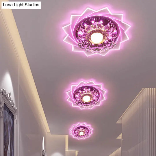 Modern Crystal Floral Flush Light: Clear Led Ceiling Fixture For Hallway / 3W Pink