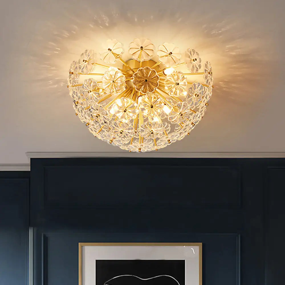 Modern Crystal Flower Brass Flush Mount Ceiling Light For Living Room / 12.5’