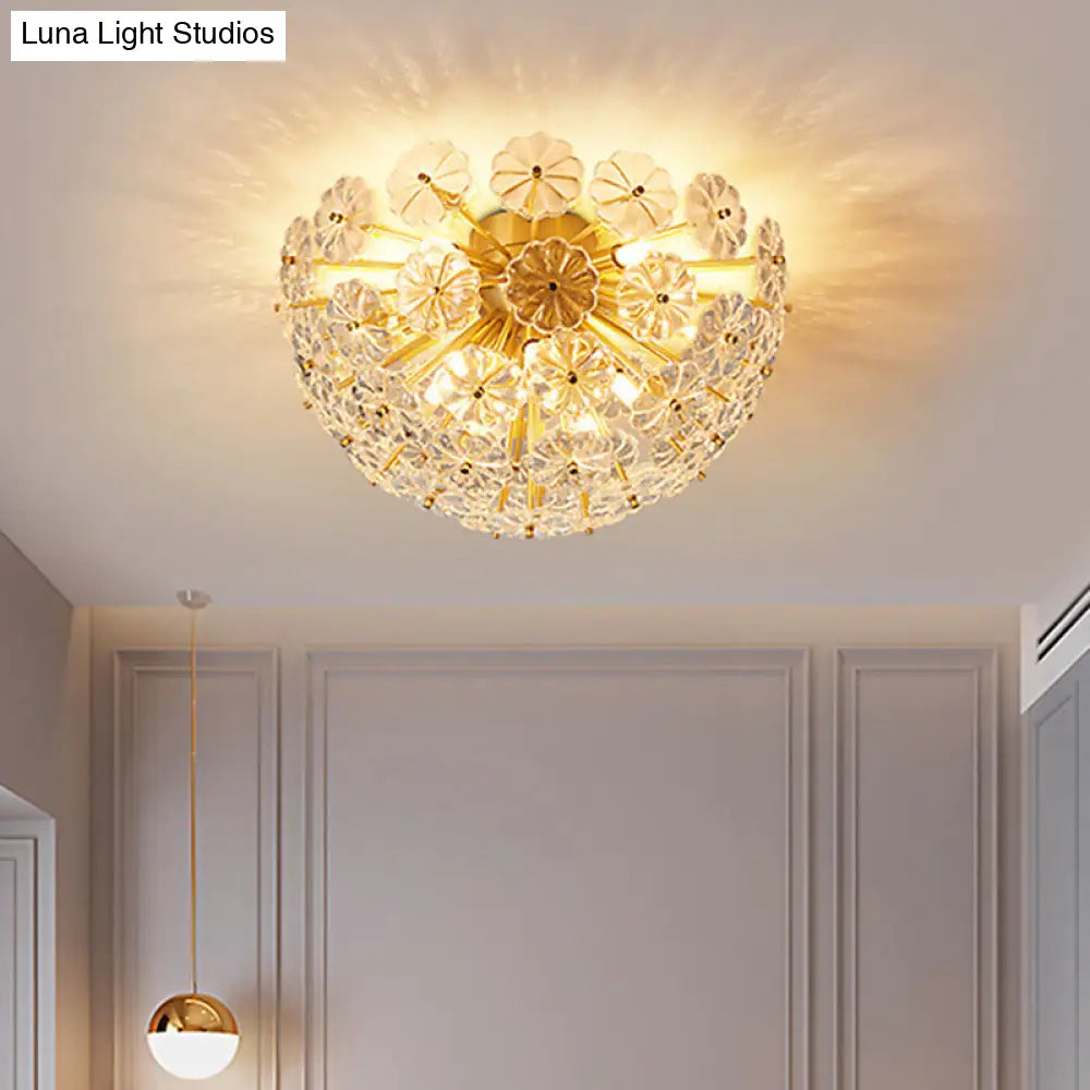 Modern Crystal Flower Brass Flush Mount Ceiling Light For Living Room