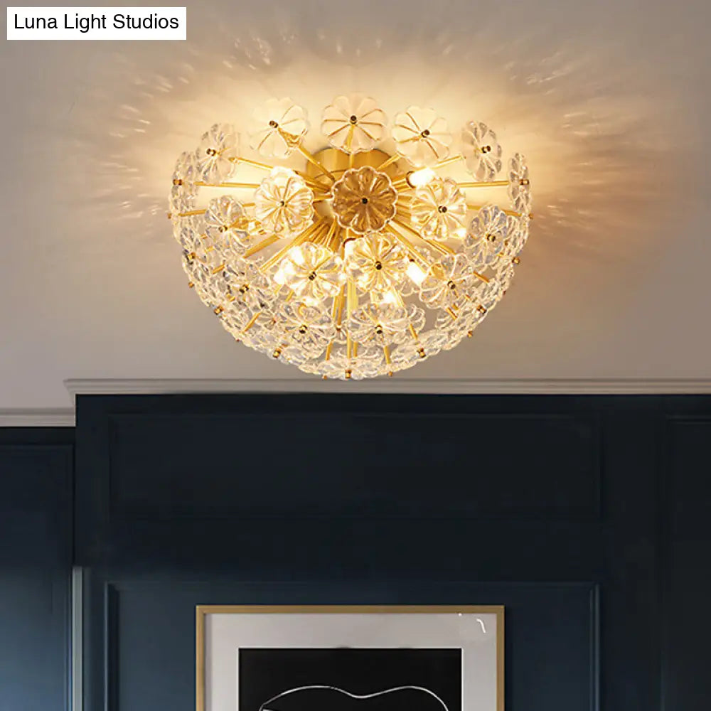 Modern Crystal Flower Brass Flush Mount Ceiling Light For Living Room / 12.5