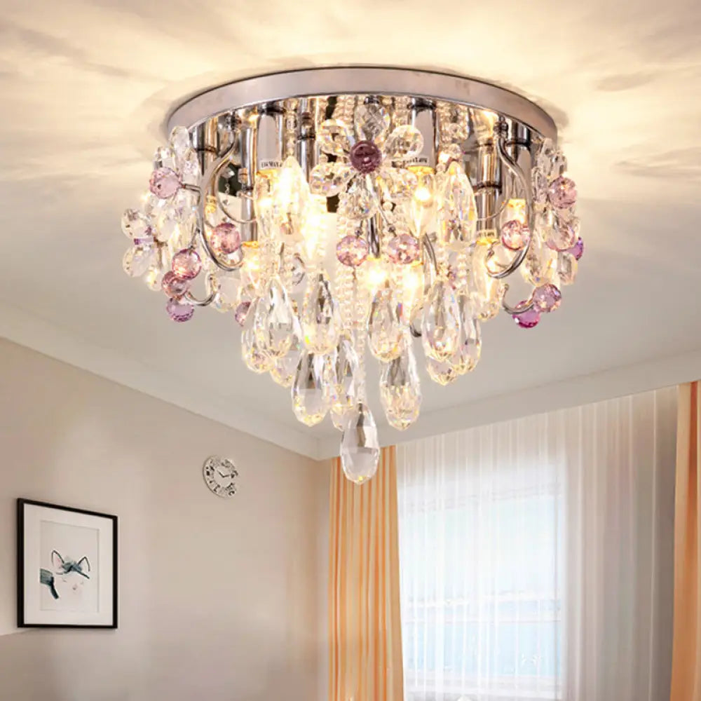 Modern Crystal Flower Flush Mount Ceiling Lamp With Chrome Finish - Perfect For Romantic Bedroom