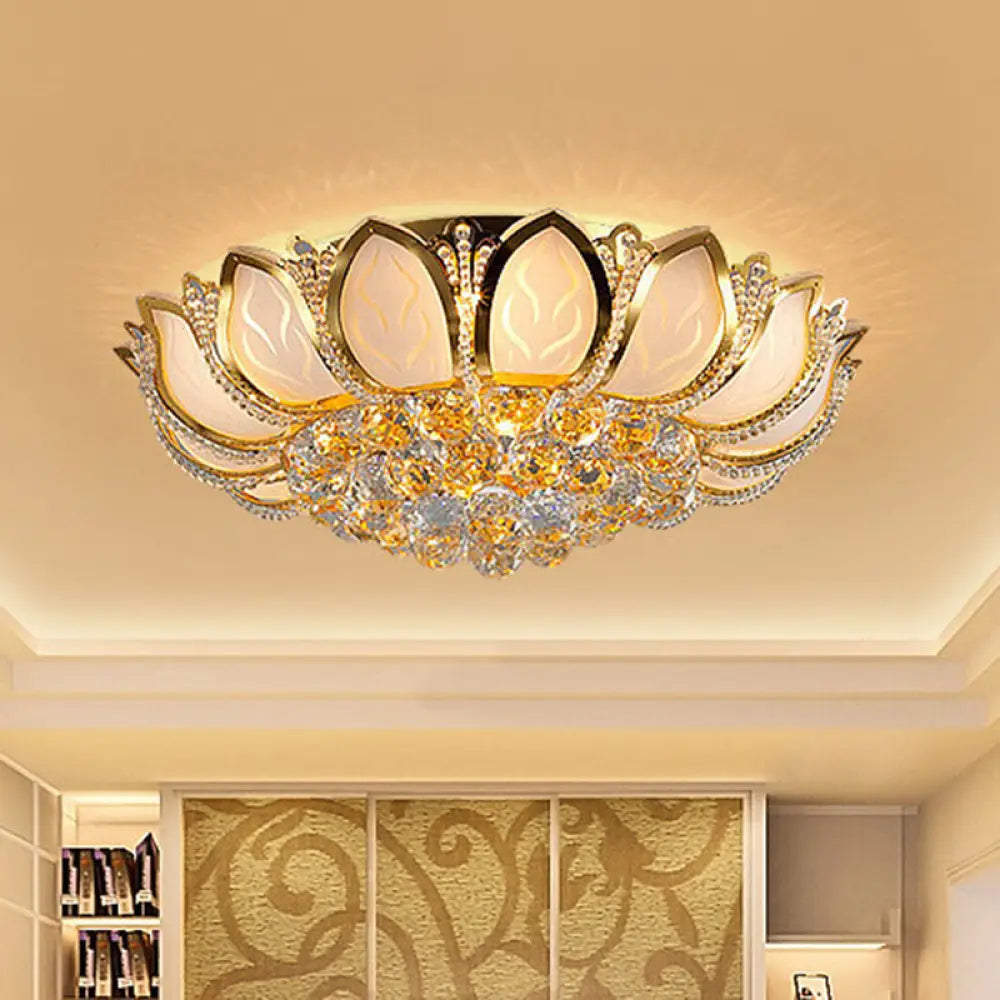 Modern Crystal Flower Flush Mount With 7 Heads In White And Gold For Living Room White - Gold