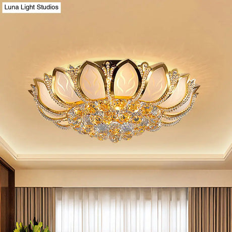 Modern Crystal Flower Flush Mount With 7 Heads In White And Gold For Living Room