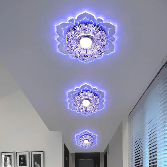 Modern Crystal Flower Led Ceiling Light For Entryway - Clear Flushmount / 3W Blue