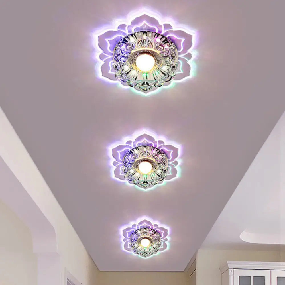 Modern Crystal Flower Led Ceiling Light For Entryway - Clear Flushmount / 3W Multi Color