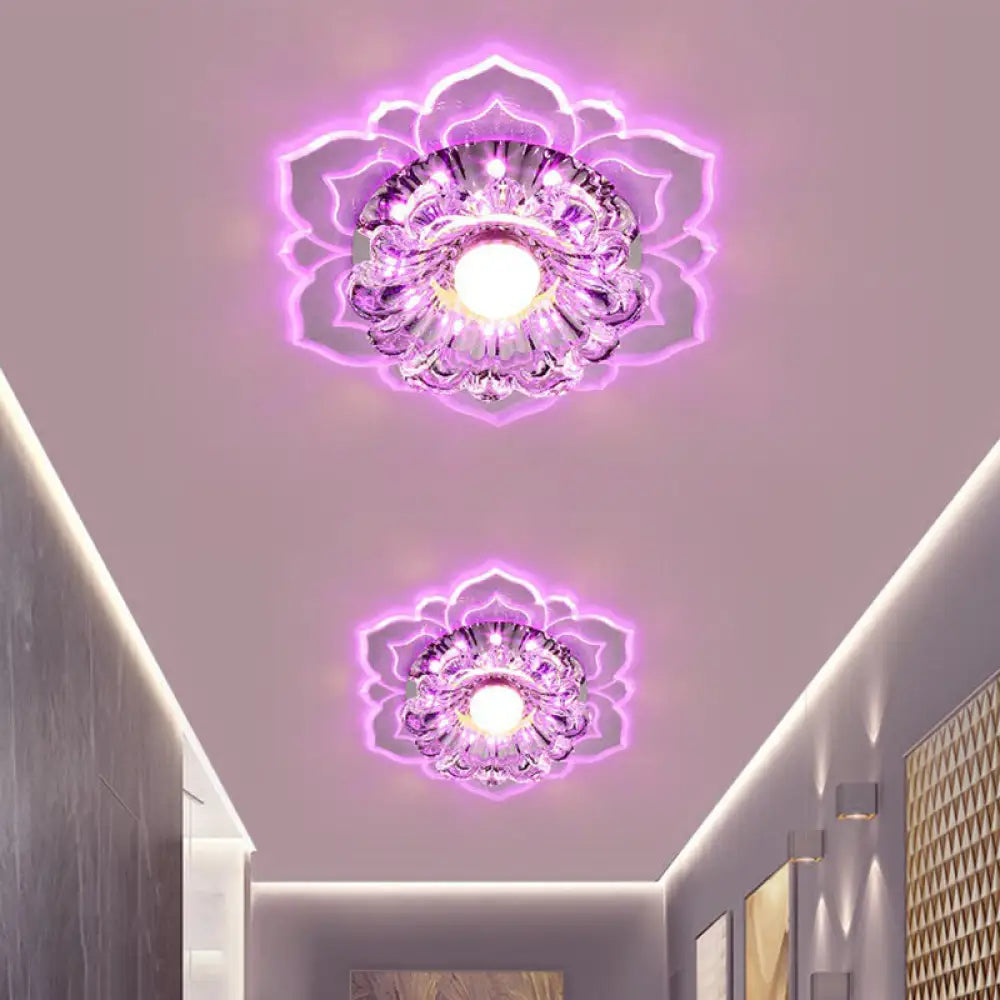 Modern Crystal Flower Led Ceiling Light For Entryway - Clear Flushmount / 3W Pink