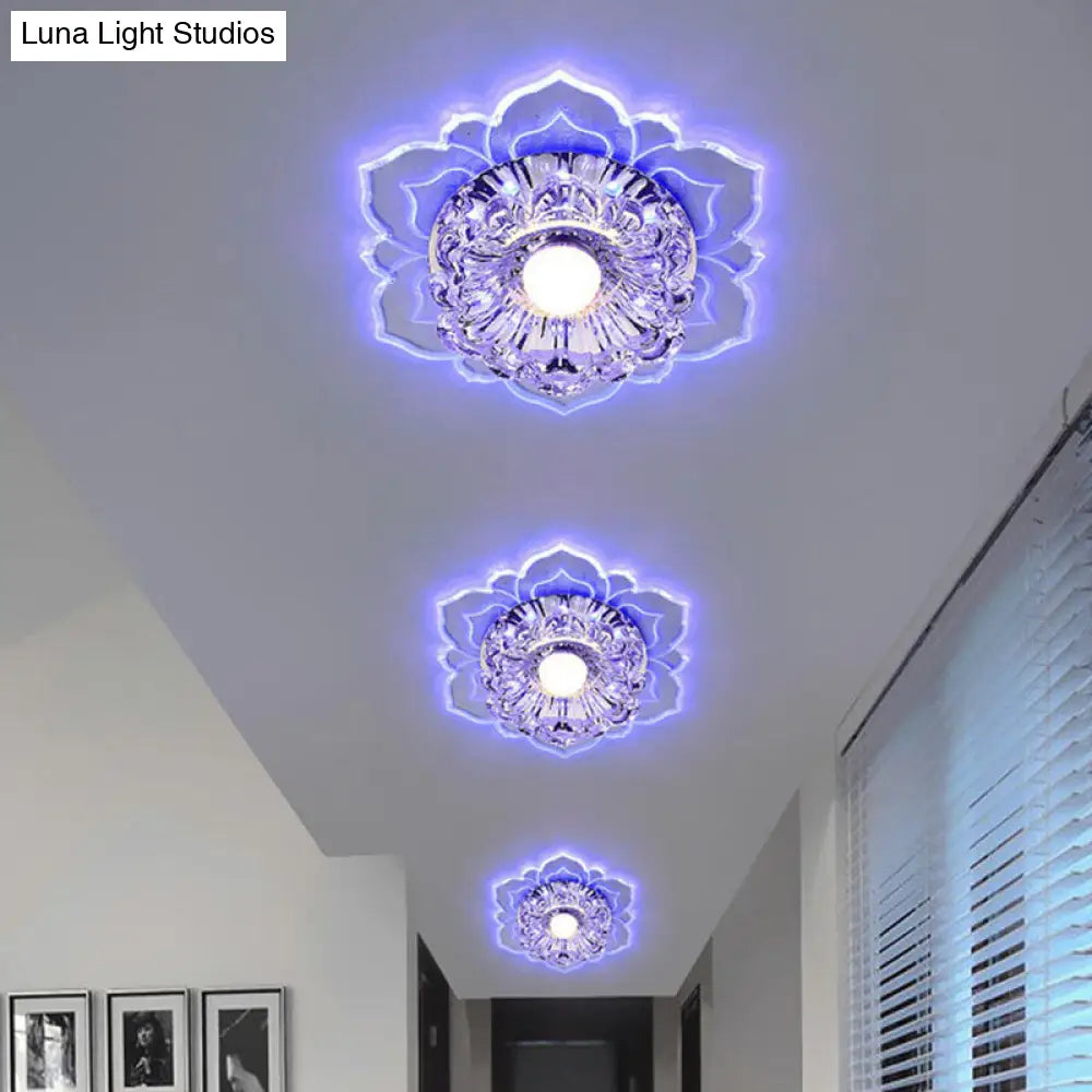 Modern Crystal Flower Led Ceiling Light For Entryway - Clear Flushmount / 3W Blue