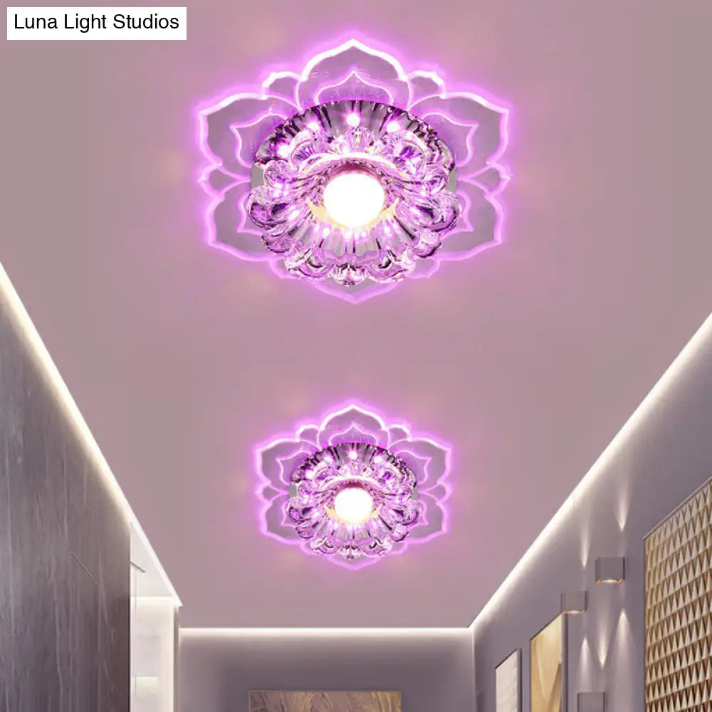 Modern Crystal Flower Led Ceiling Light For Entryway - Clear Flushmount / 3W Pink