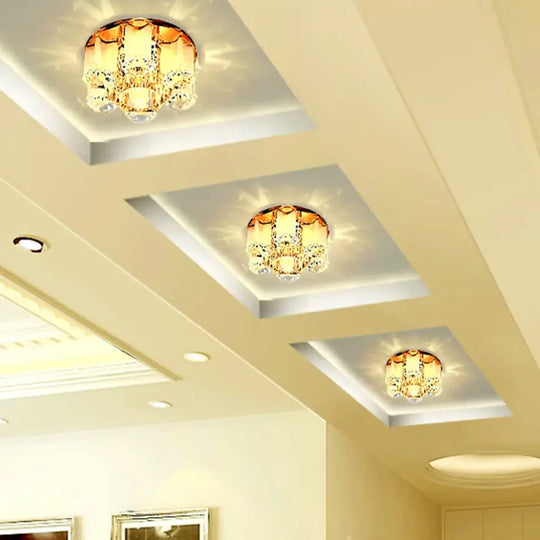 Modern Crystal Flower Led Ceiling Light For Hallway With Flush Mount Shade Tan