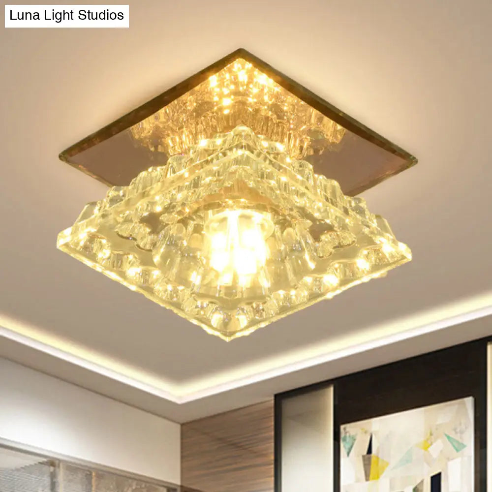 Modern Crystal Flush Ceiling Light In Gold For Corridor - Square Flushmount Led White/Warm/3 Color