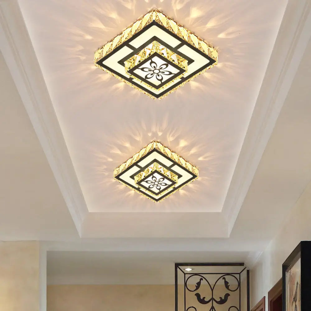 Modern Crystal Flush Ceiling Light - Square Shape Led Corridor Fixture Black / Warm