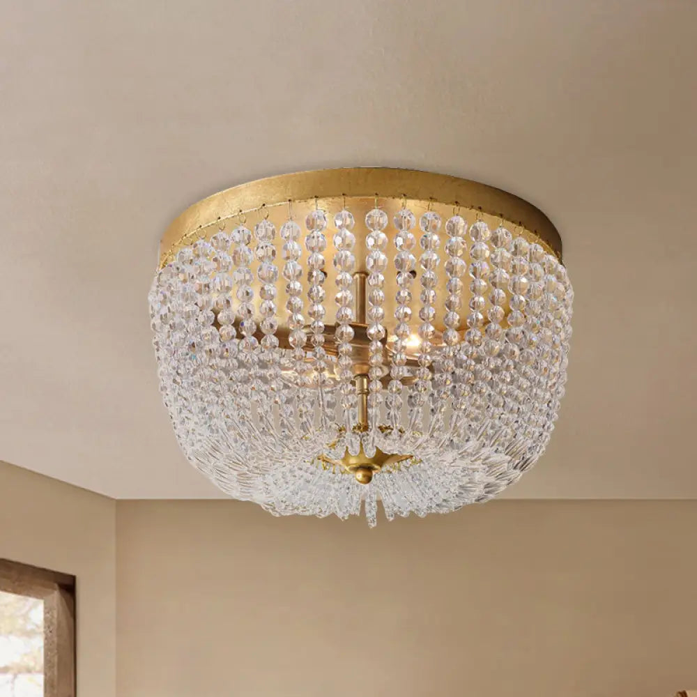 Modern Crystal Flush Ceiling Light With Gold Finish And 3 Bulbs